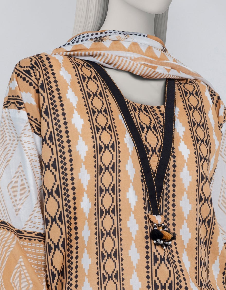 BROWN PRINTED LAWN UNSTITCHED 2PC