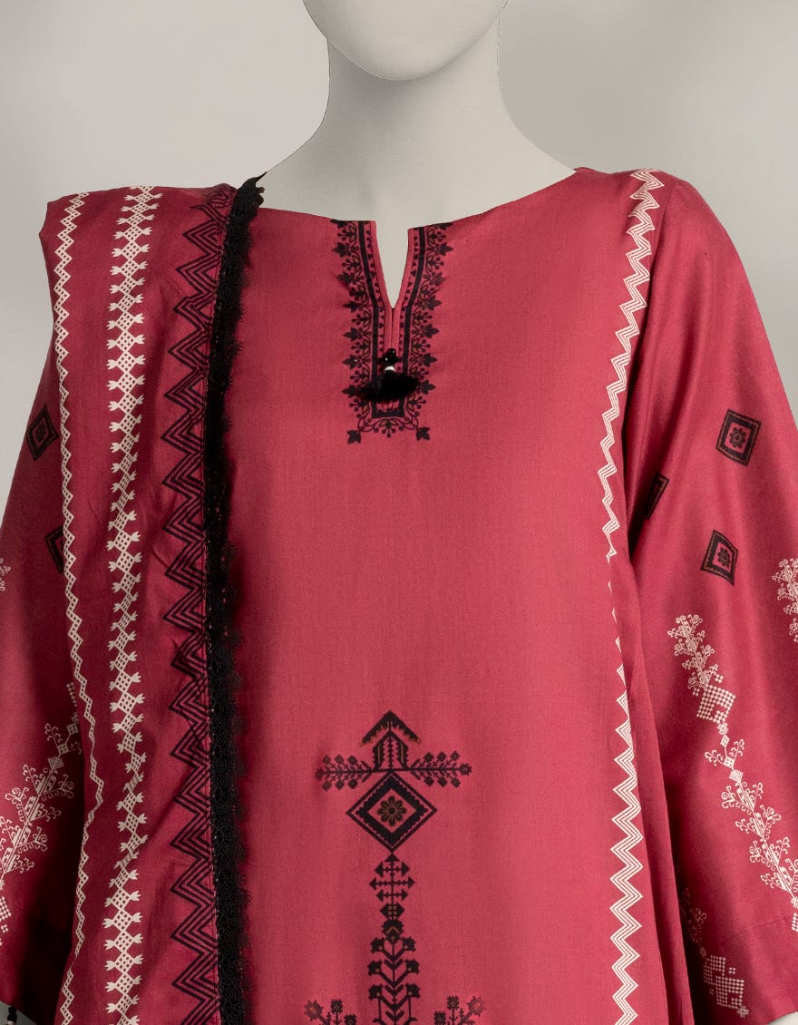 RED CAMBRIC PRINTED UNSTITCHED 2PC