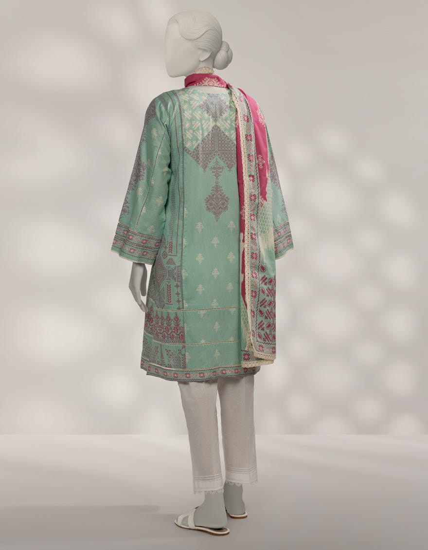 GREEN CAMBRIC PRINTED UNSTITCHED 2PC