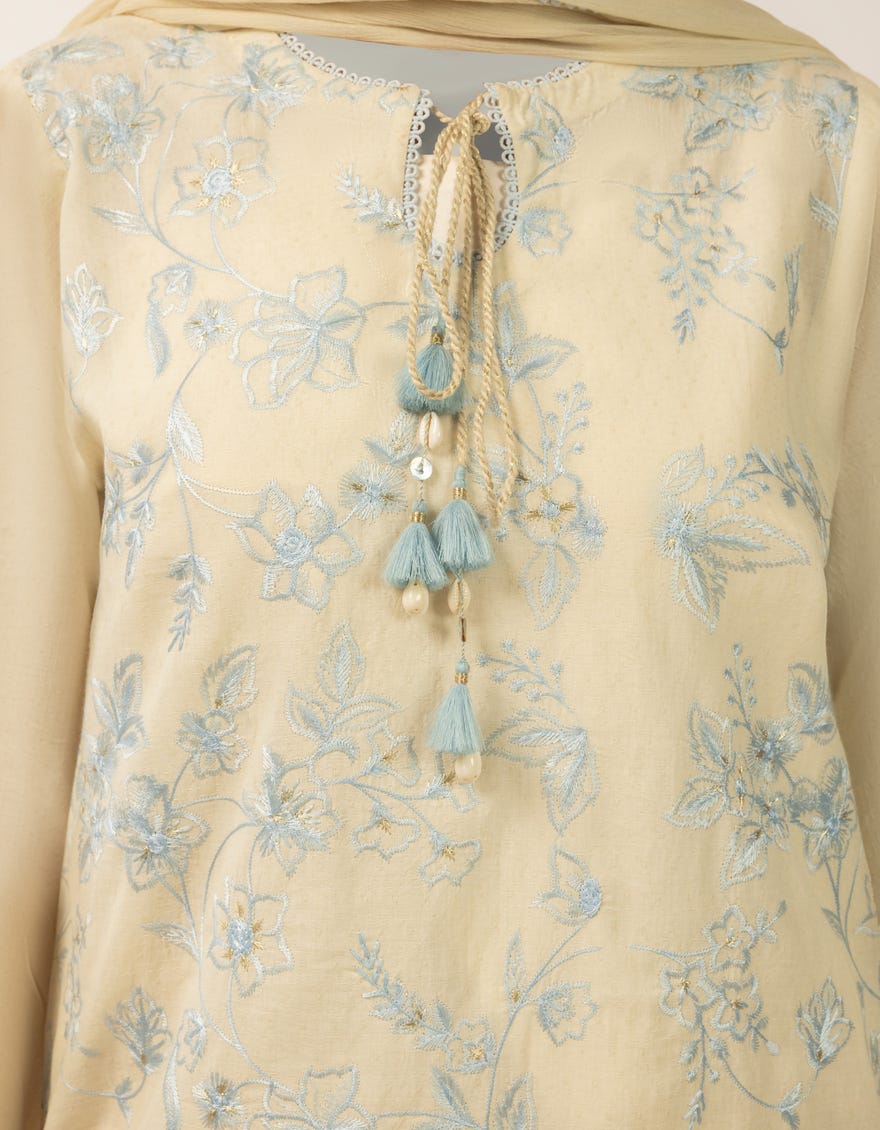 WHITE DOBBY EMBROIDERED STITCHED 2PC