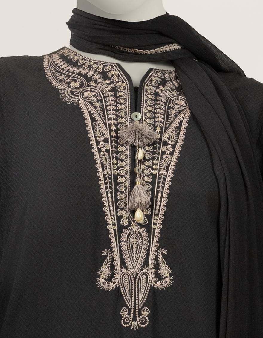 BLACK DOBBY EMBROIDERED STITCHED 2PC