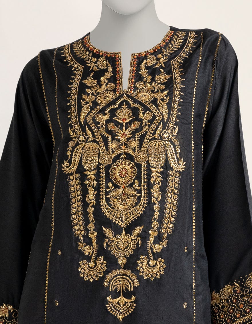 BLACK EMBROIDERED RAW SILK KURTA