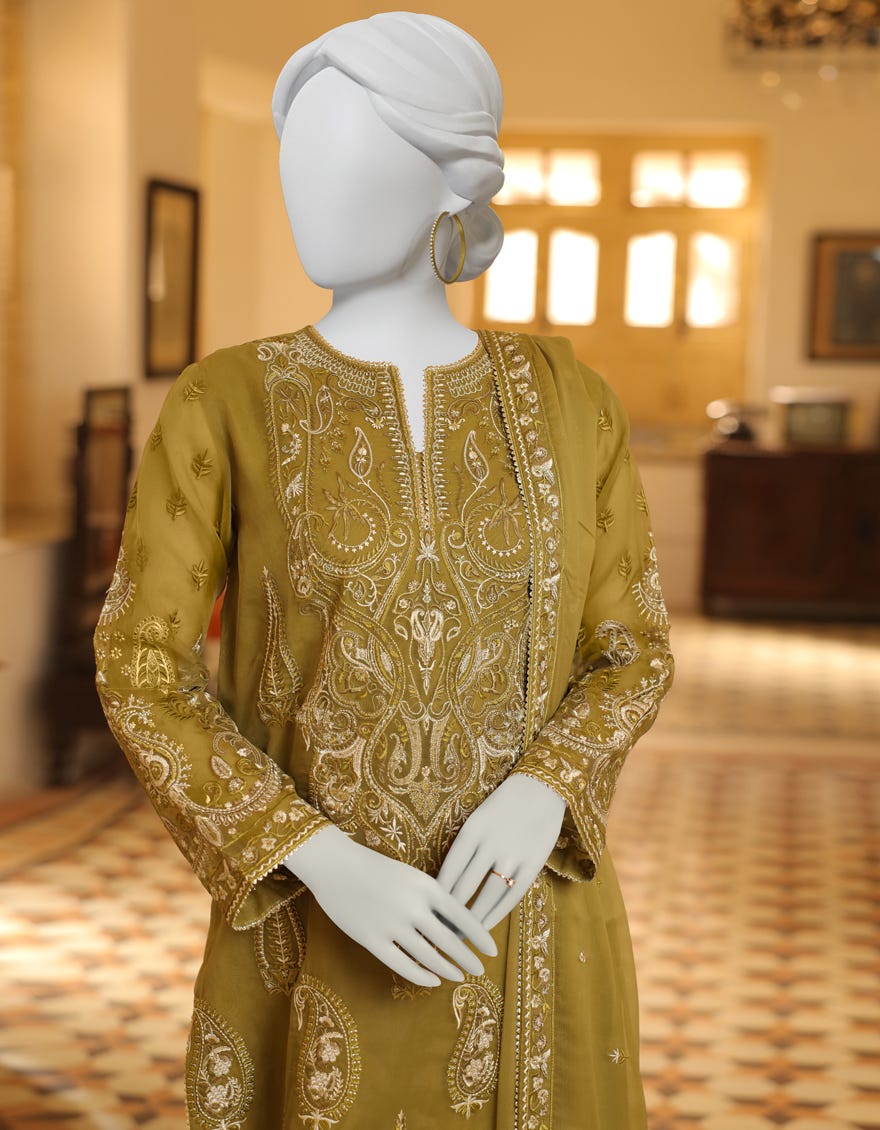 MEHNDI GREEN DYED UNSTITCHED 3PC | JJLS-S-JFU-23-703