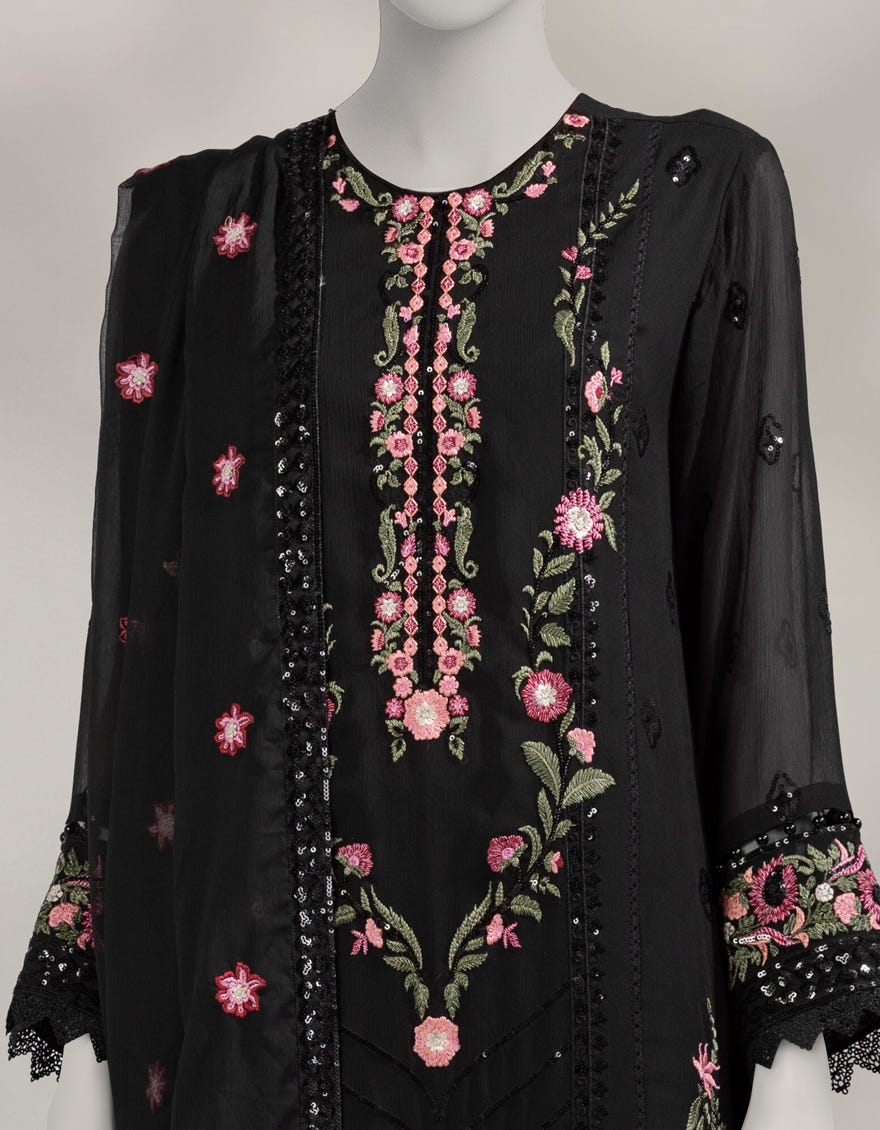 BLACK CHIFFON EMBROIDERED UNSTITCHED 3PC