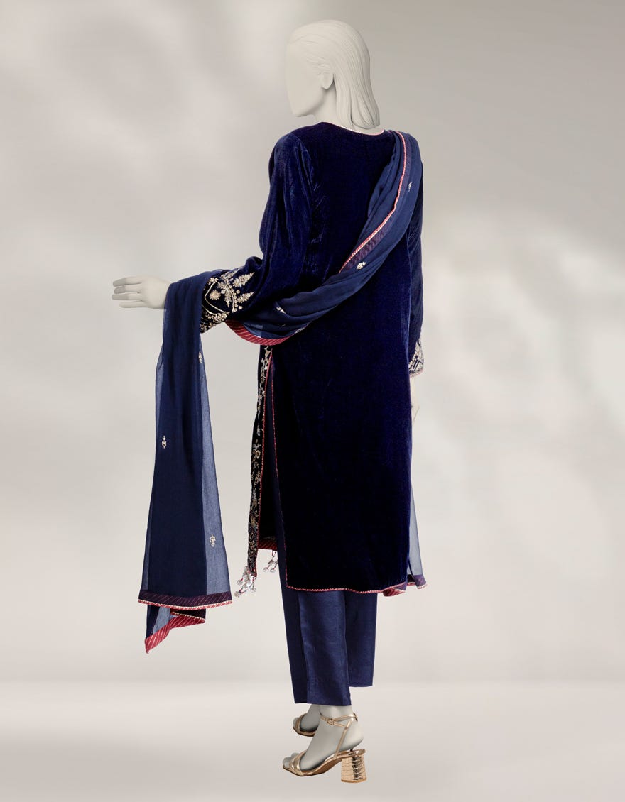 BLUE VELVET EMBROIDERED UNSTITCHED 3PC