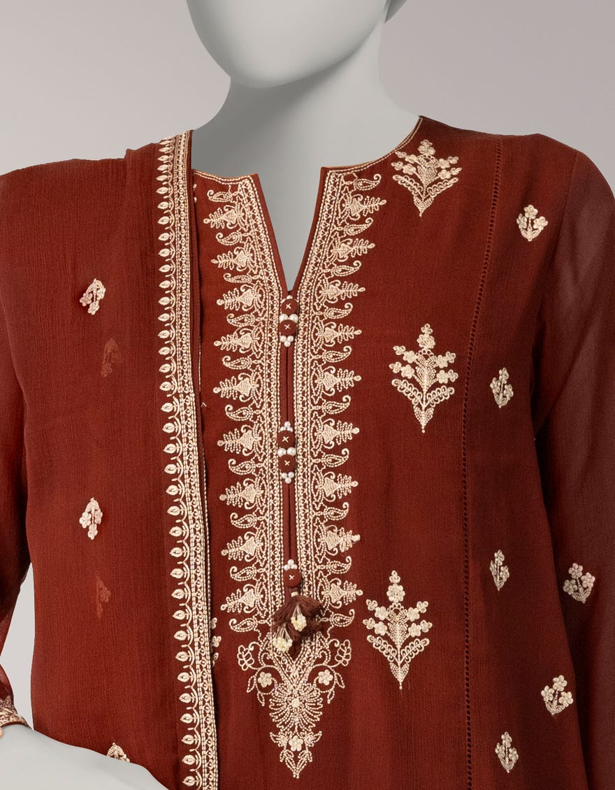 DEEP BROWN CHIFFON EMBROIDERED UNSTITCHED 3PC