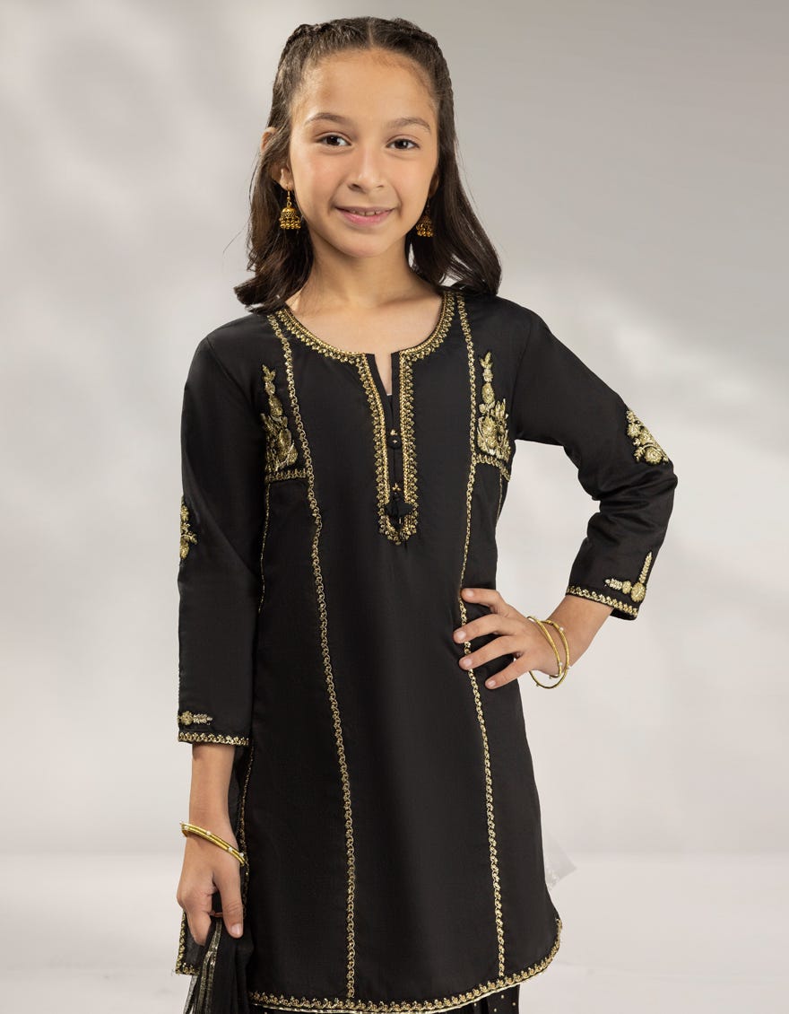 BLACK LAWN SILK EMBROIDERED 3PC STITCHED
