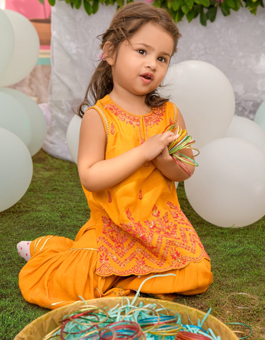 YELLOW RAW SILK INFANT GIRL STITCHED | JIK-S-JGIN-23-048