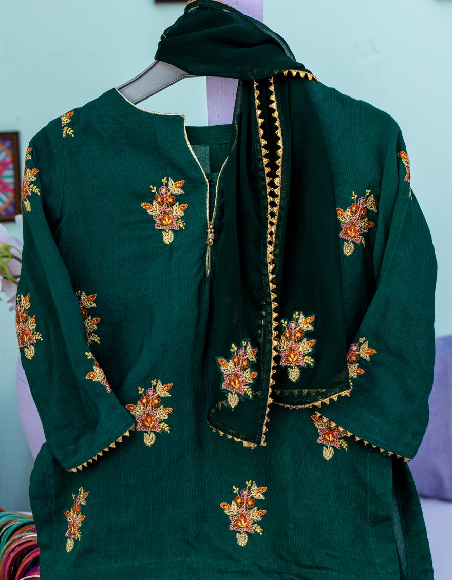 GREEN RAW SILK INFANT GIRL 3PC | JIK-S-JGIN-23-059