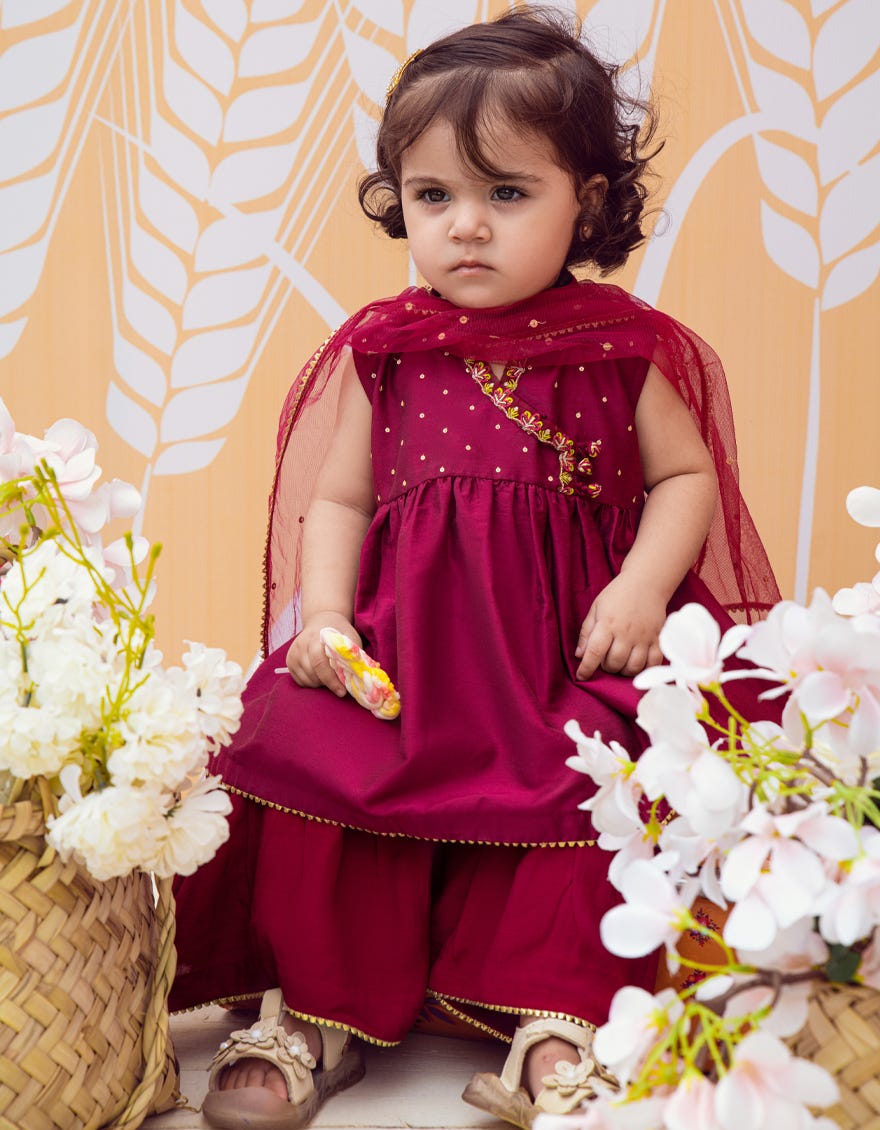 MAGENTA RAW SILK INFANT 3PC STITCHED | JIK-W-JGIN-23-066