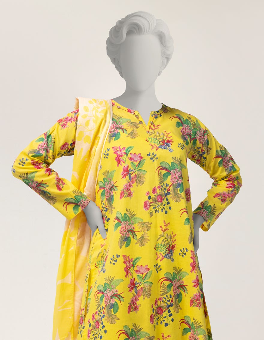 YELLOW LAWN PRINTED 3PC STITCHED