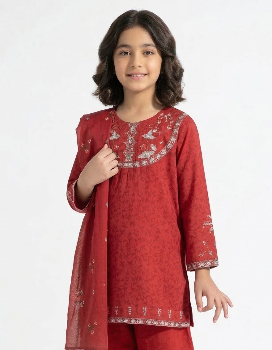 RED DOBBY EMBROIDERED STITCHED 3PC