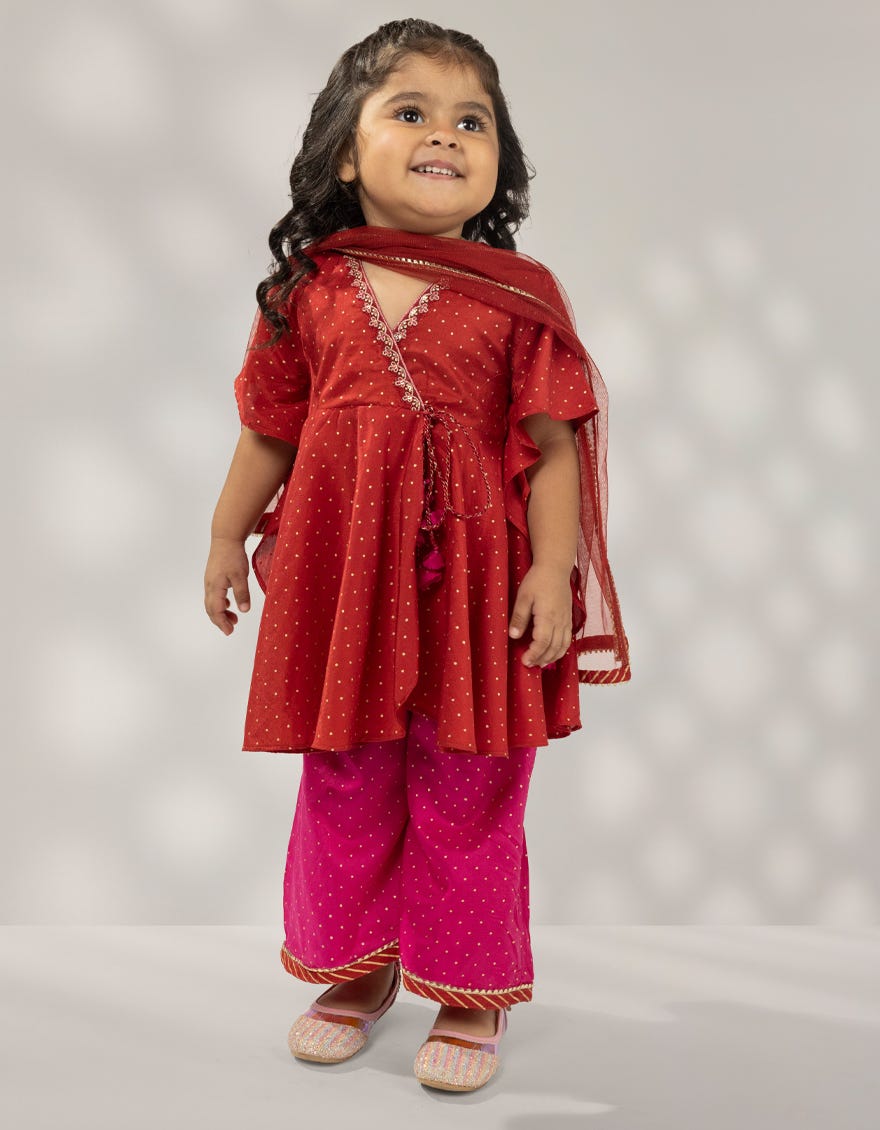 RED SILK EMBROIDERED INFANT GIRL