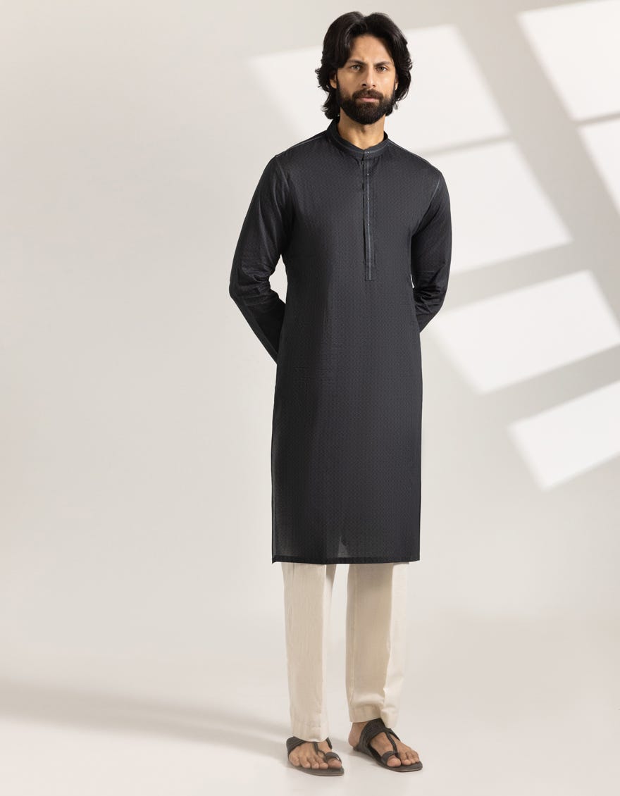 BLACK COTTON PRINTED SEMI-FORMAL KURTA
