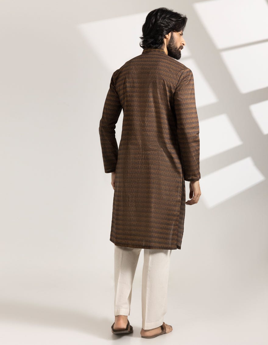 BROWN COTTON PRINTED SEMI-FORMAL KURTA