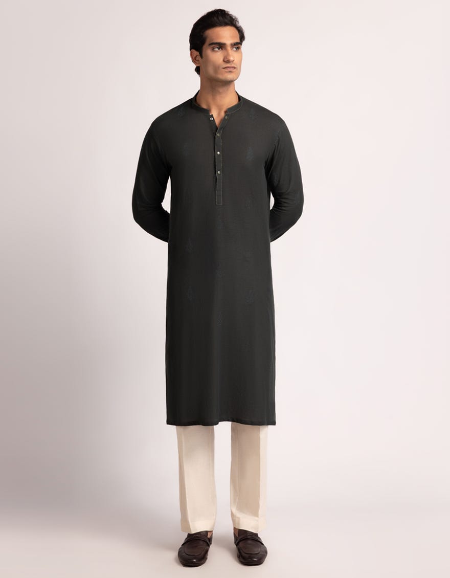 DARK GREEN COTTON SEMI-FORMAL KURTA