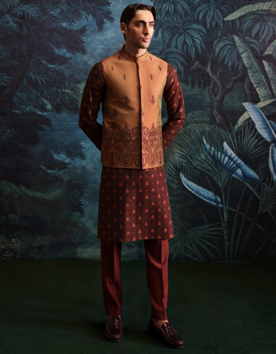 RUST POLY-COTTON KURTA TROUSERS & WAISTCOAT