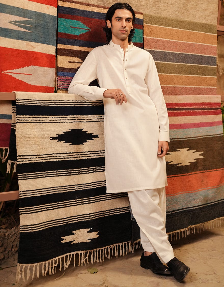 OFF WHITE COTTON CASUAL KAMEEZ SHALWAR
