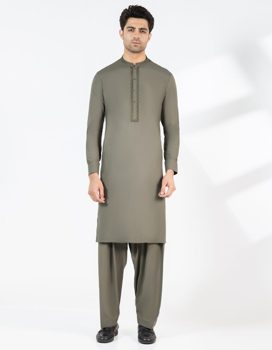 CEMENT GREEN BLENDED SEMI-FORMAL KAMEEZ SHALWAR