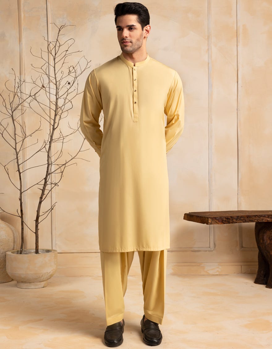 PALE YELLOW BLENDED KAMEEZ SHALWAR | JJKS-A-47383