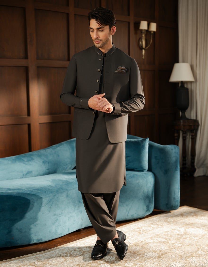 CHARCOAL EXCLUSIVE KAMEEZ SHALWAR + WAISTCOAT