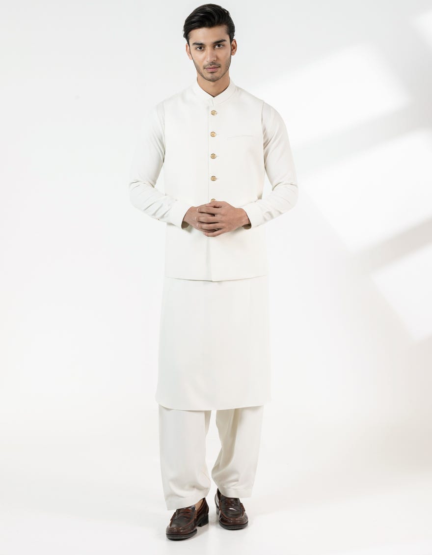 OFF WHITE BLENDED CASUAL KAMEEZ SHALWAR + WAISTCOAT