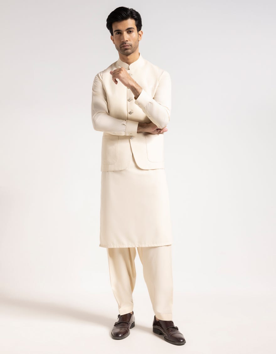 CREAM PLAIN KAMEEZ SHALWAR + WAISTCOAT