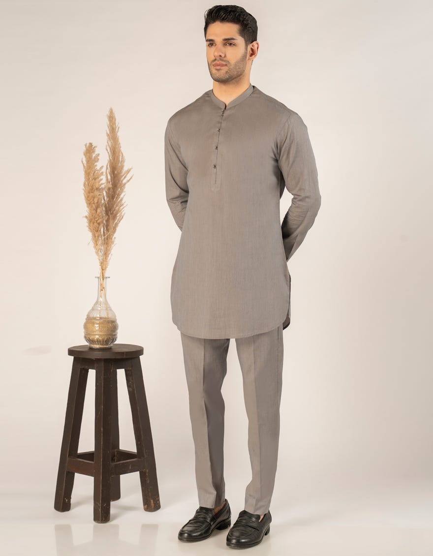 STONE GREY COTTON CASUAL SHORT KURTA TROUSER
