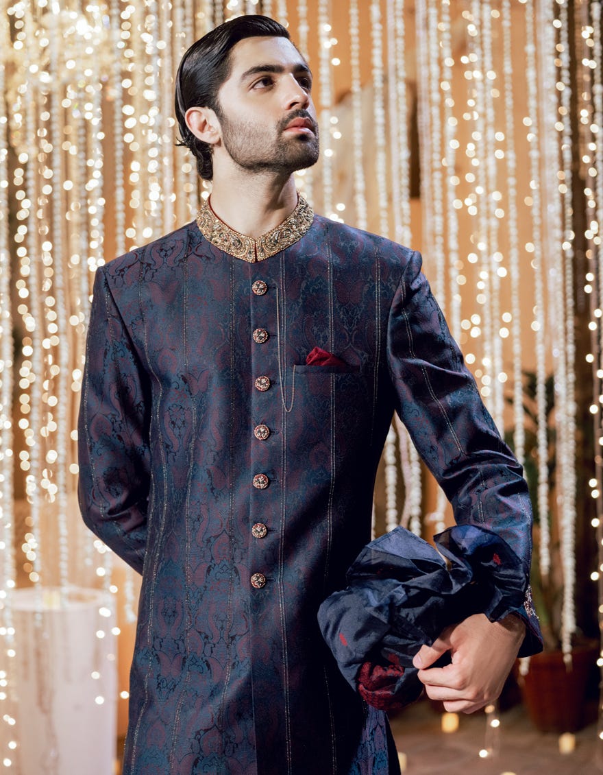 TEAL BLUE BLENDED SHERWANI | JJSW-584