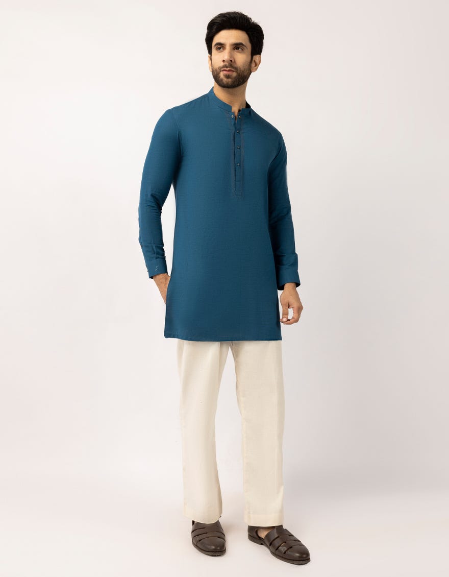 TEAL BLUE COTTON SEMI-FORMAL SHORT KURTA