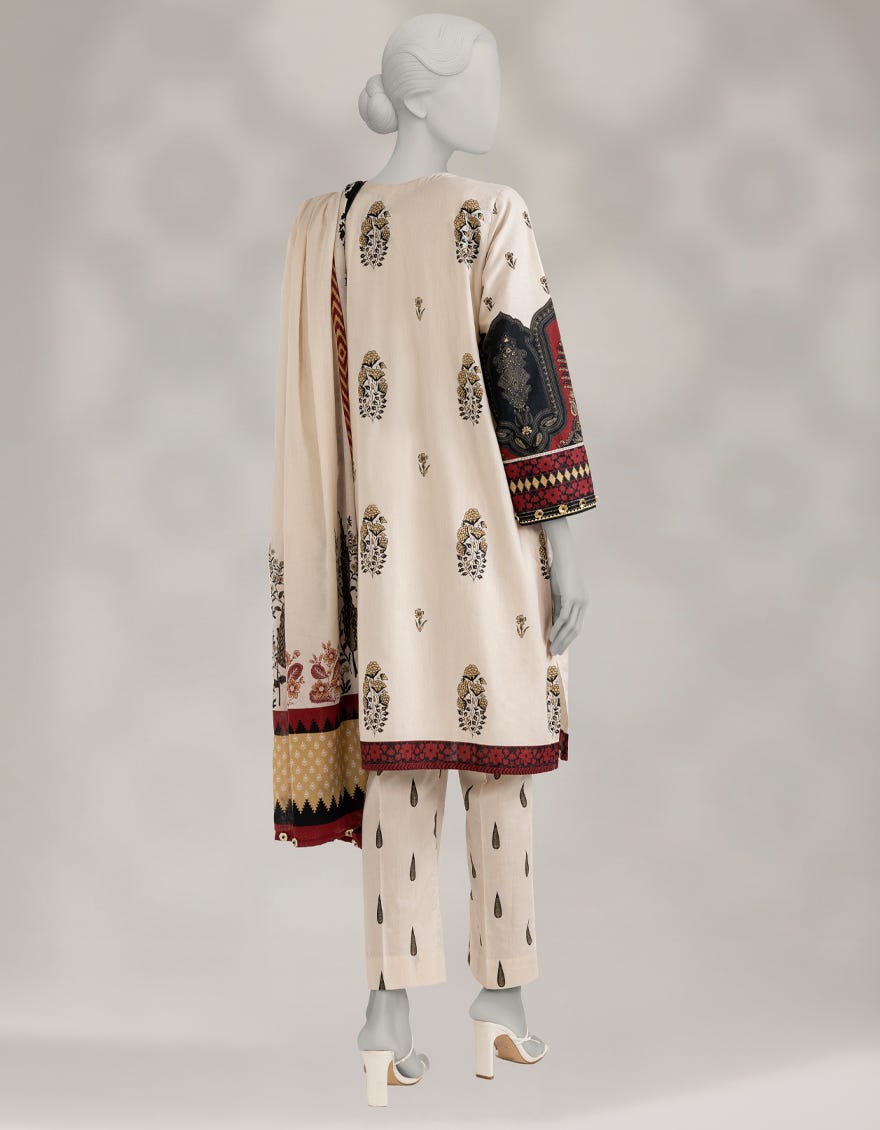 CREAM CAMBRIC PRINTED 3PC STITCHED