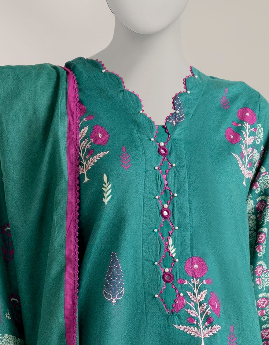 GREEN CAMBRIC PRINTED UNSTITCHED 3PC