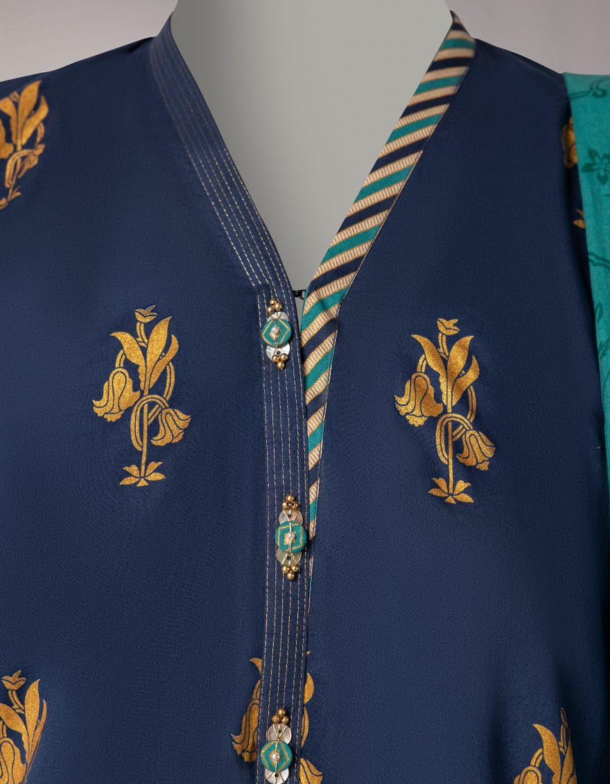 BLUE LAWN GOLD PRINTED STITCHED 3PC