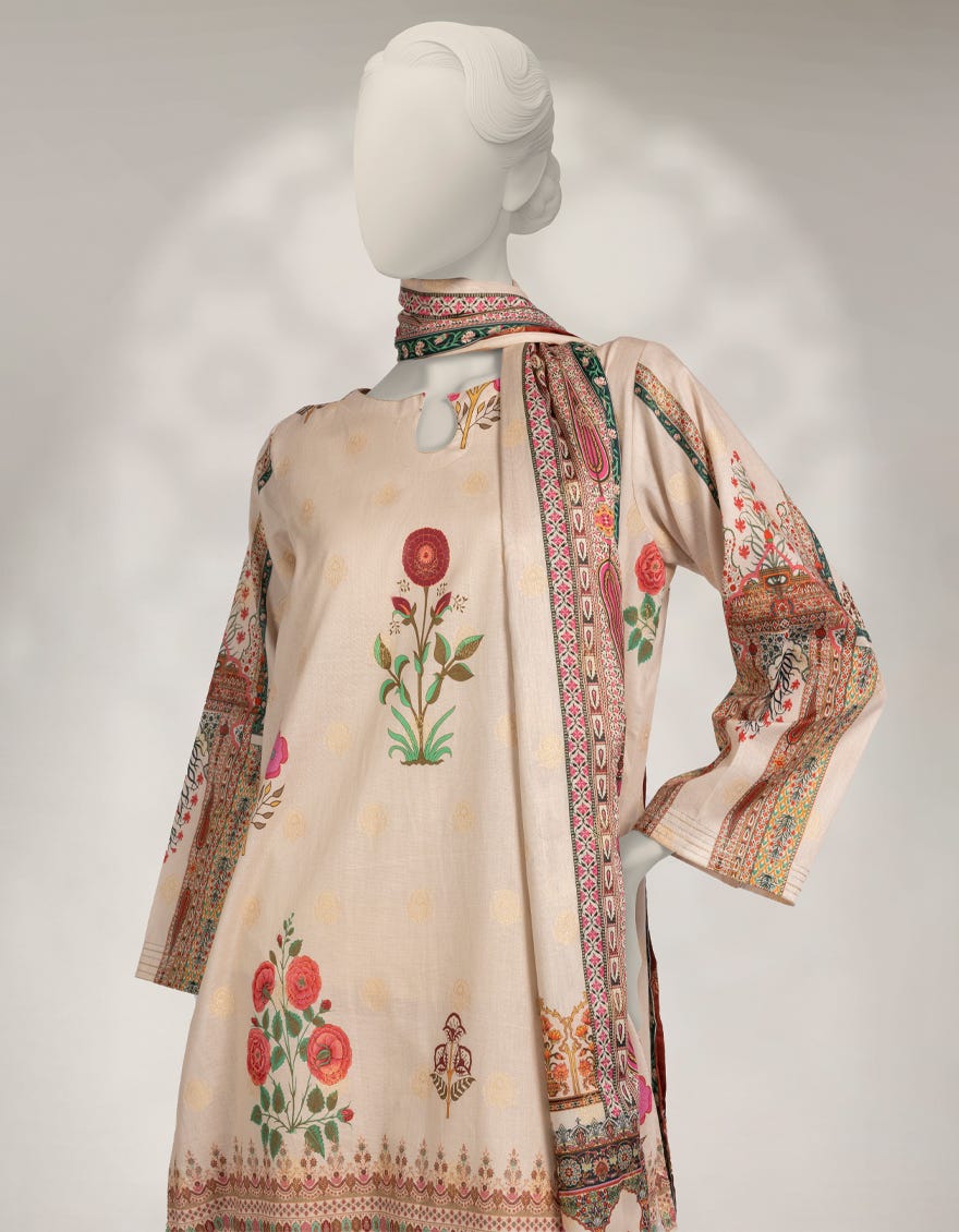 BEIGE JACQUARD PRINTED 3PC STITCHED
