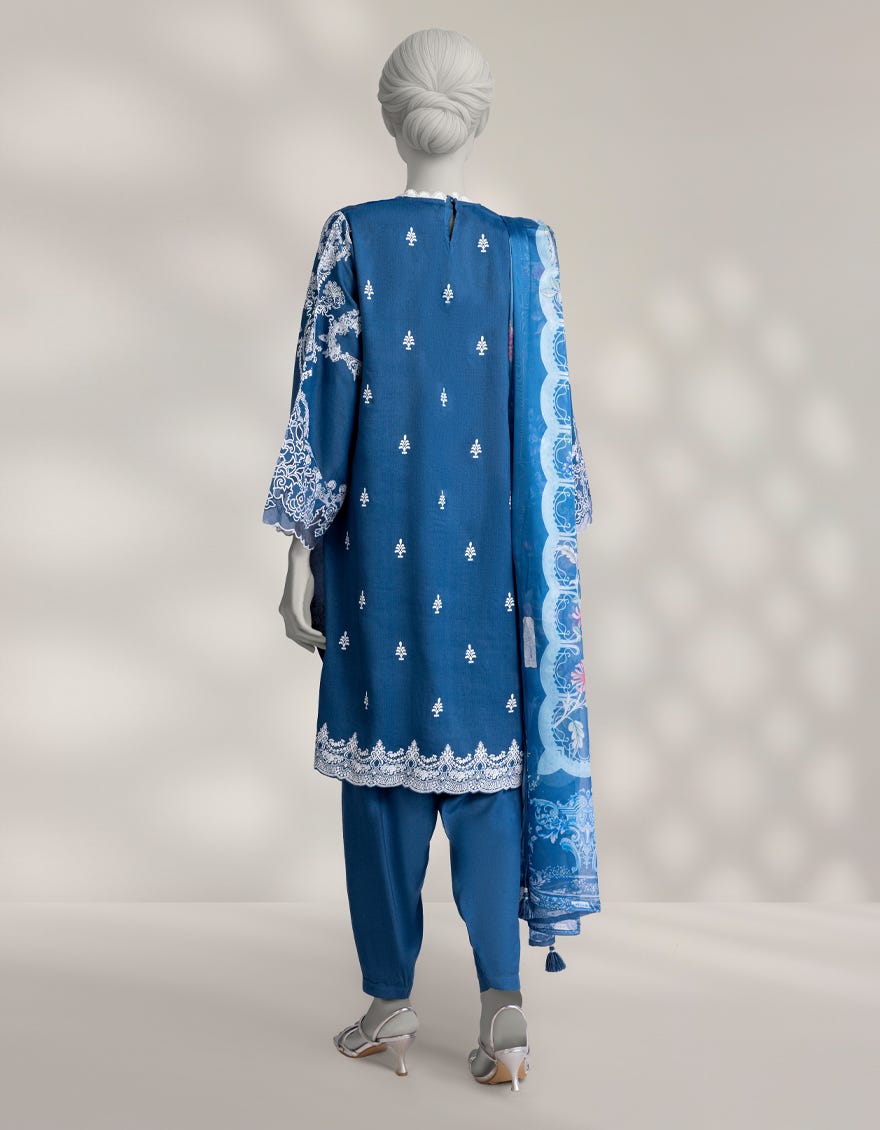 BLUE MAPLE SILK EMBROIDERED 3PC STITCHED