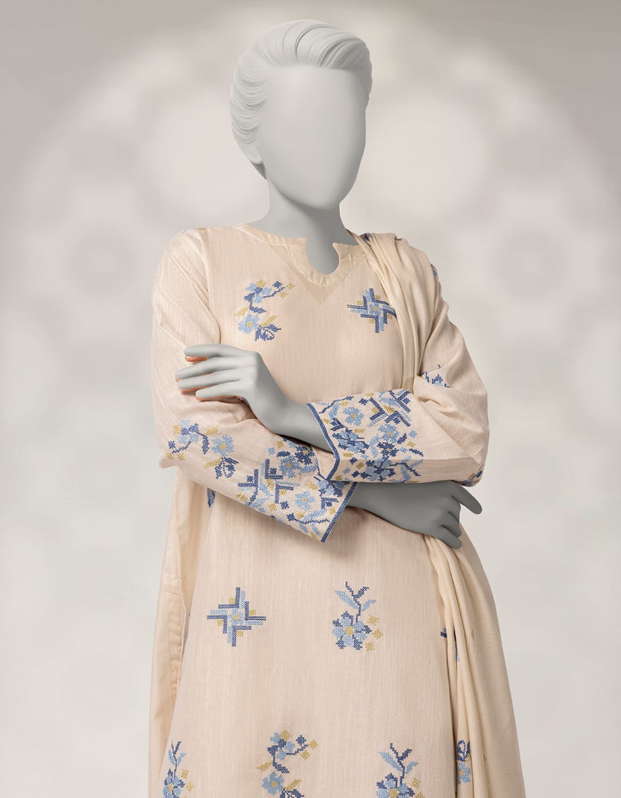 OFF WHITE KHADDAR EMBROIDERED 3PC STITCHED