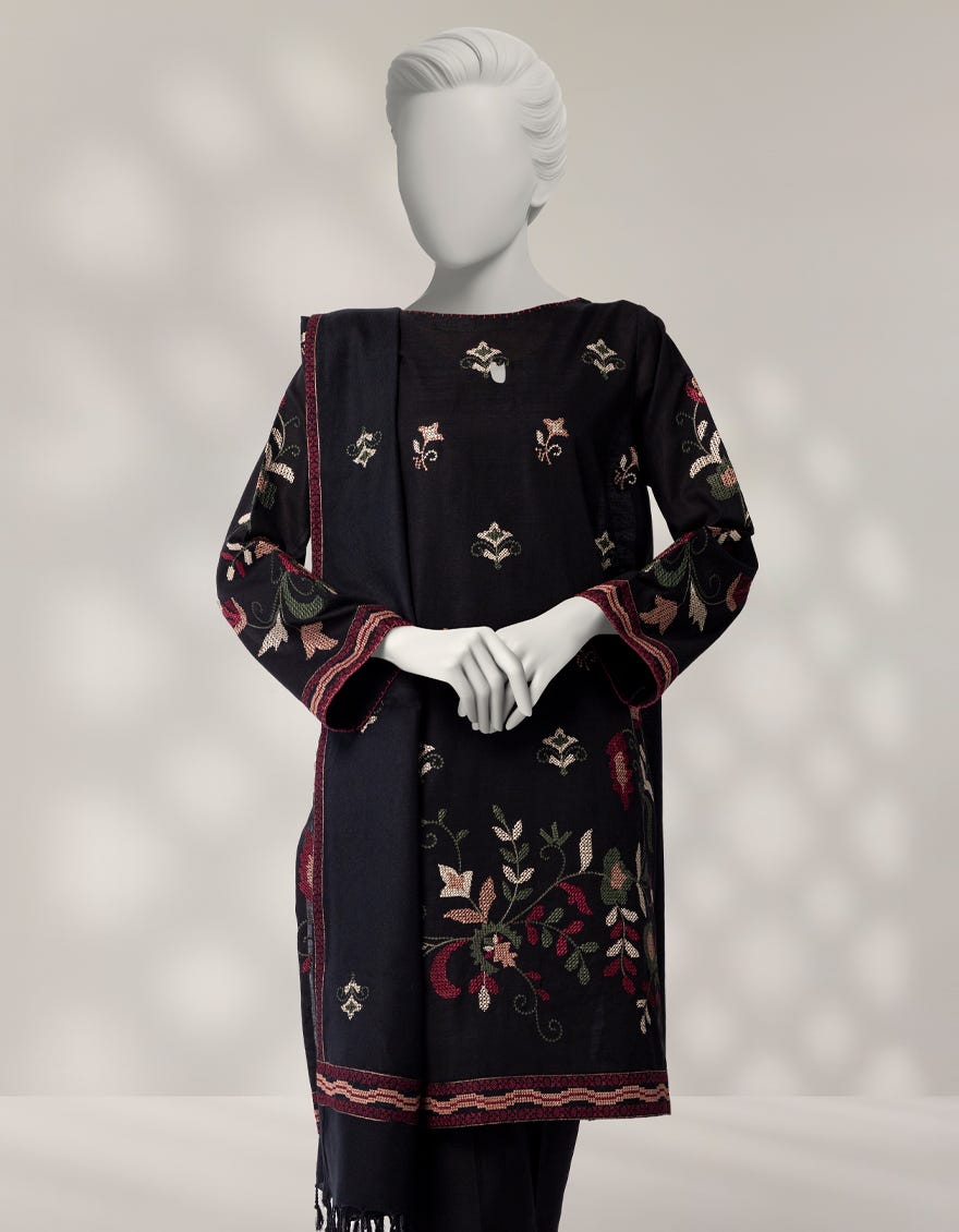 BLACK KHADDAR EMBROIDERED 3PC STITCHED