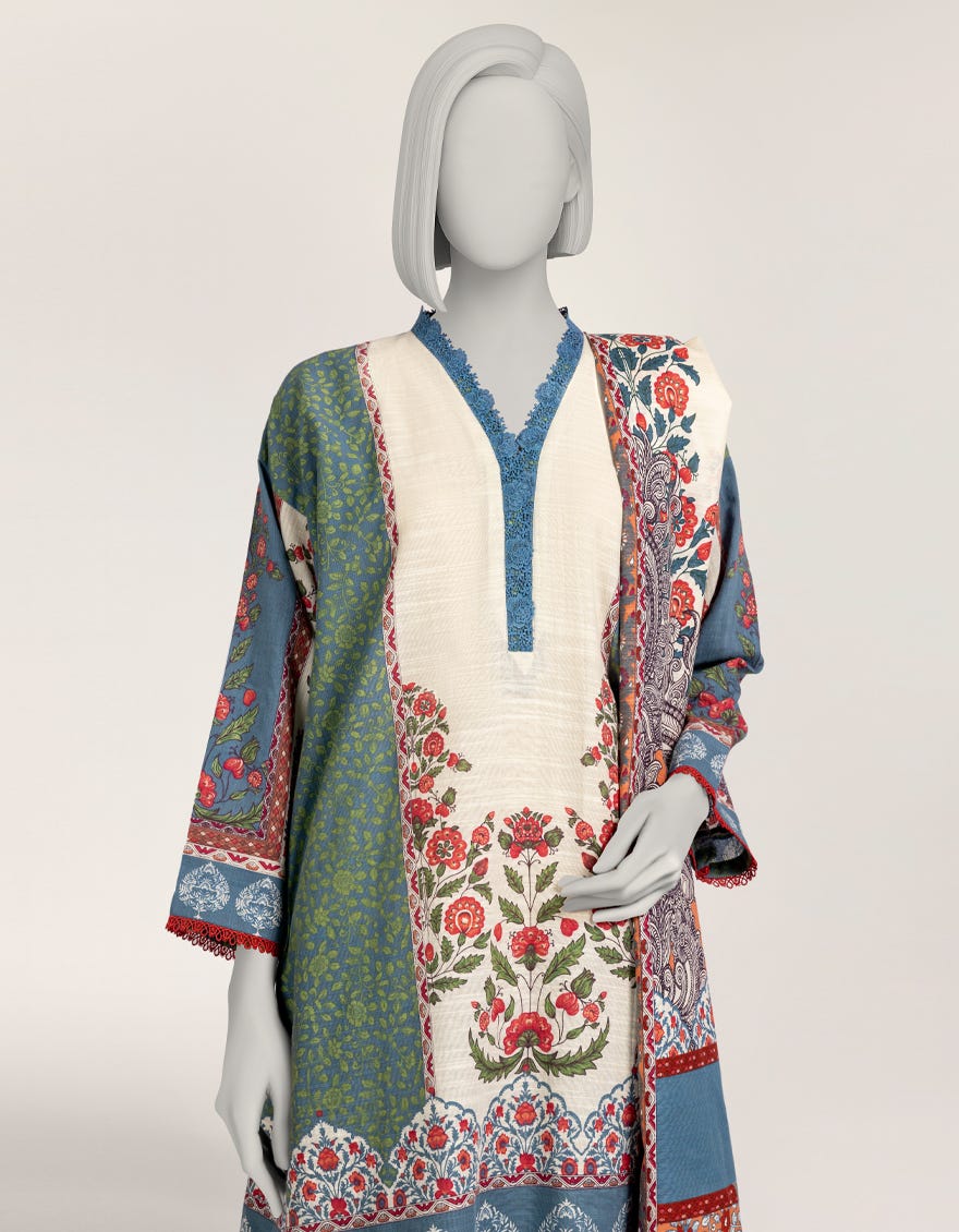 BLUE KHADDAR PRINTED 3PC STITCHED