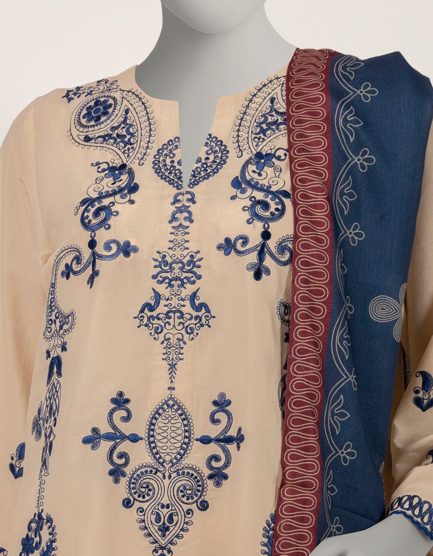 BEIGE LAWN EMBROIDERED STITCHED 3PC