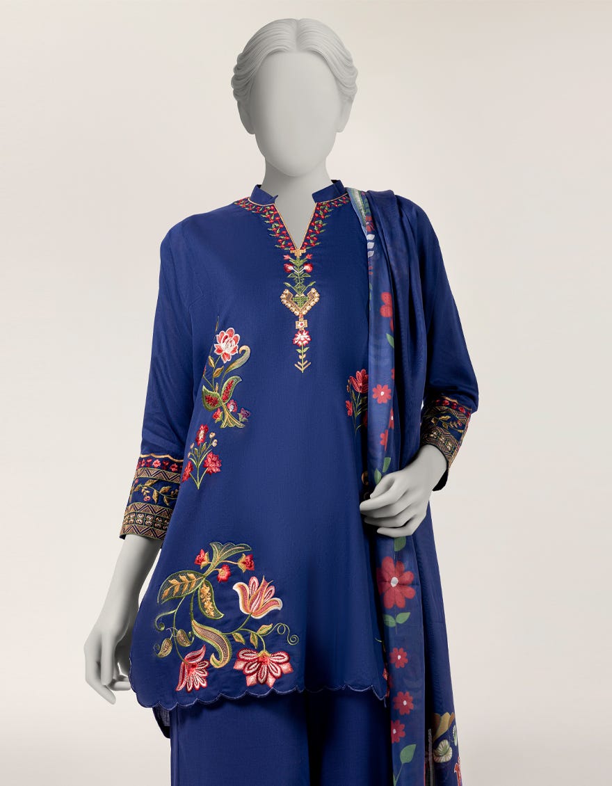 BLUE LAWN EMBROIDERED STITCHED 3PC