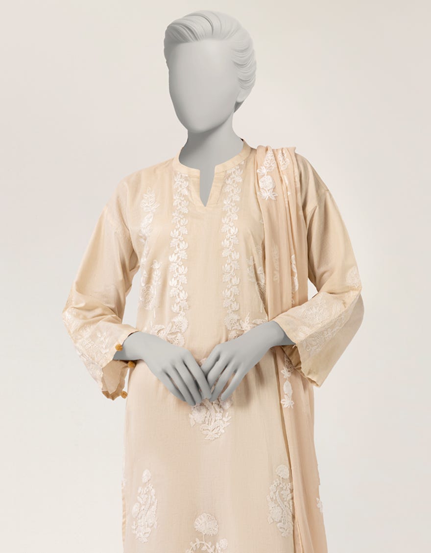 BEIGE LAWN EMBROIDERED STITCHED 3PC