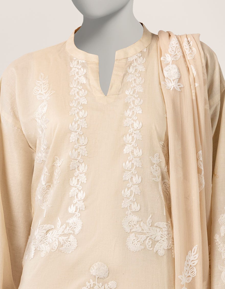 BEIGE LAWN EMBROIDERED STITCHED 3PC