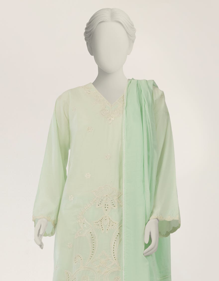 GREEN EMBROIDERED STITCHED 3PC