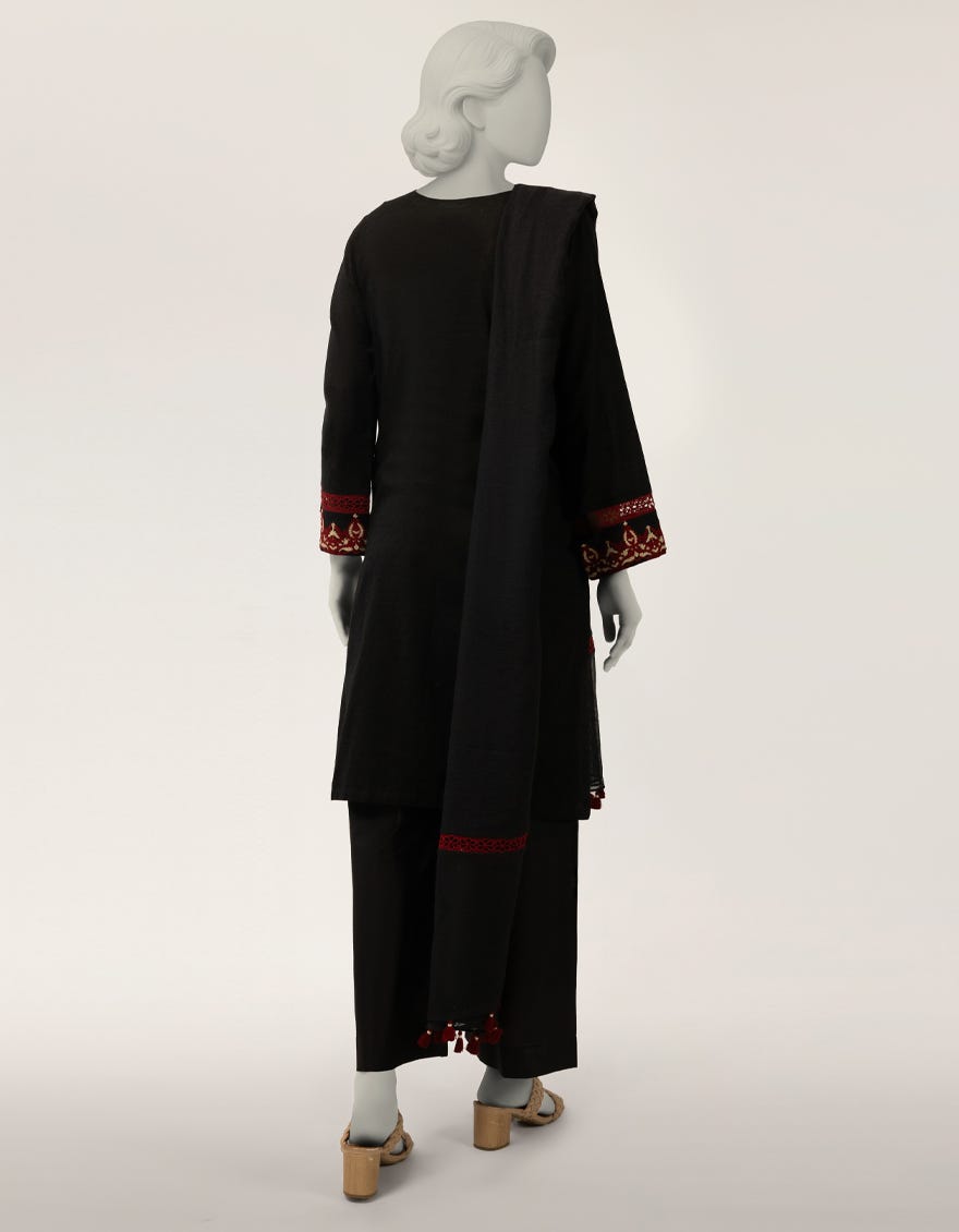 BLACK DOBBY EMBROIDERED STITCHED 3PC