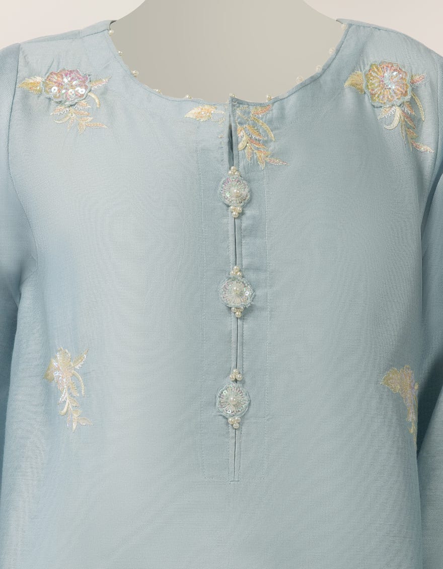 BLUE COTTON SILK EMBROIDERED STITCHED 3PC