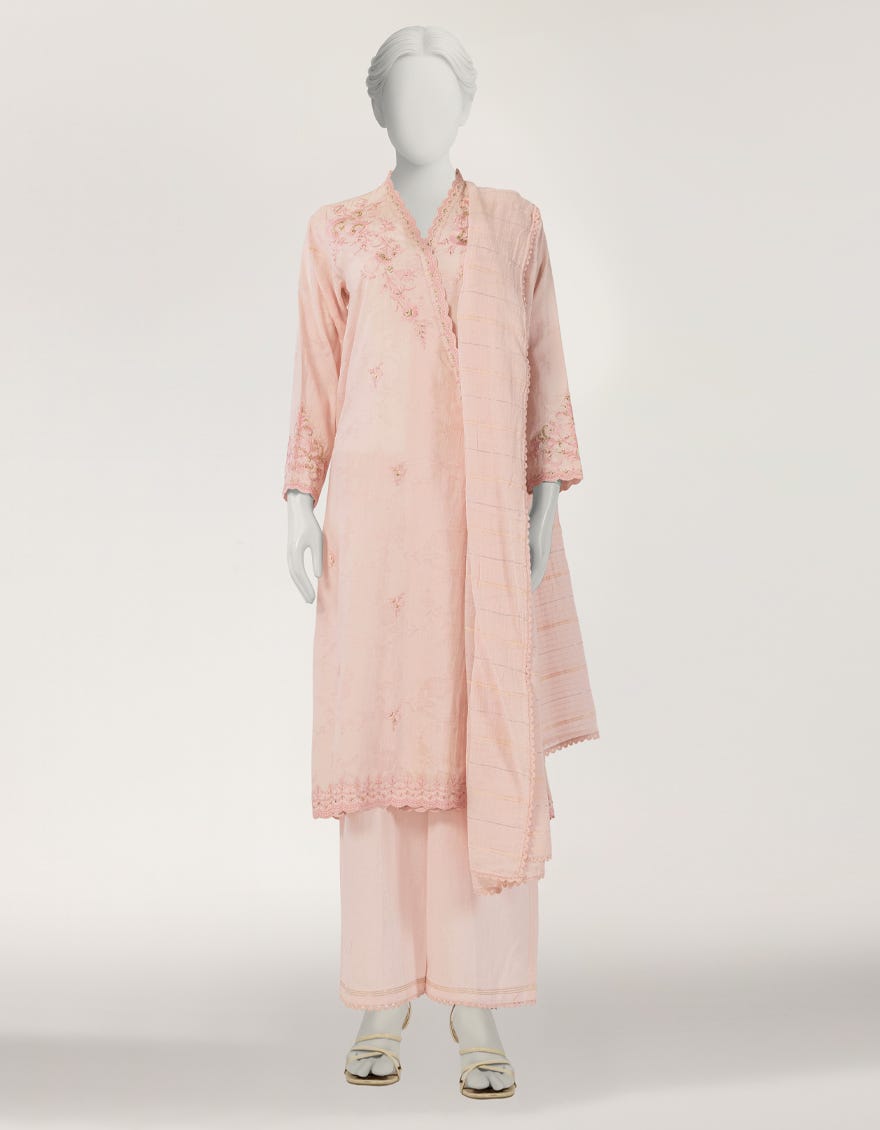 PINK DOBBY EMBROIDERED STITCHED 3PC