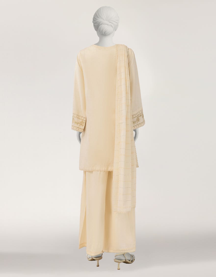 OFF WHITE DOBBY EMBROIDERED STITCHED 3PC