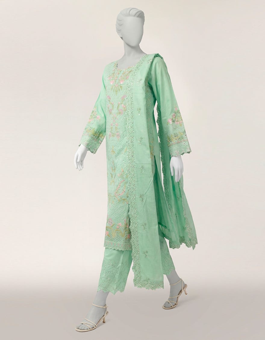 SEA GREEN LAWN SCHIFFLI STITCHED 3PC