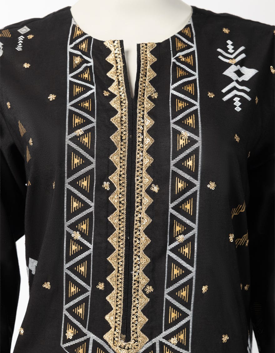 BLACK COTTON SILK EMBROIDERED STITCHED 3PC