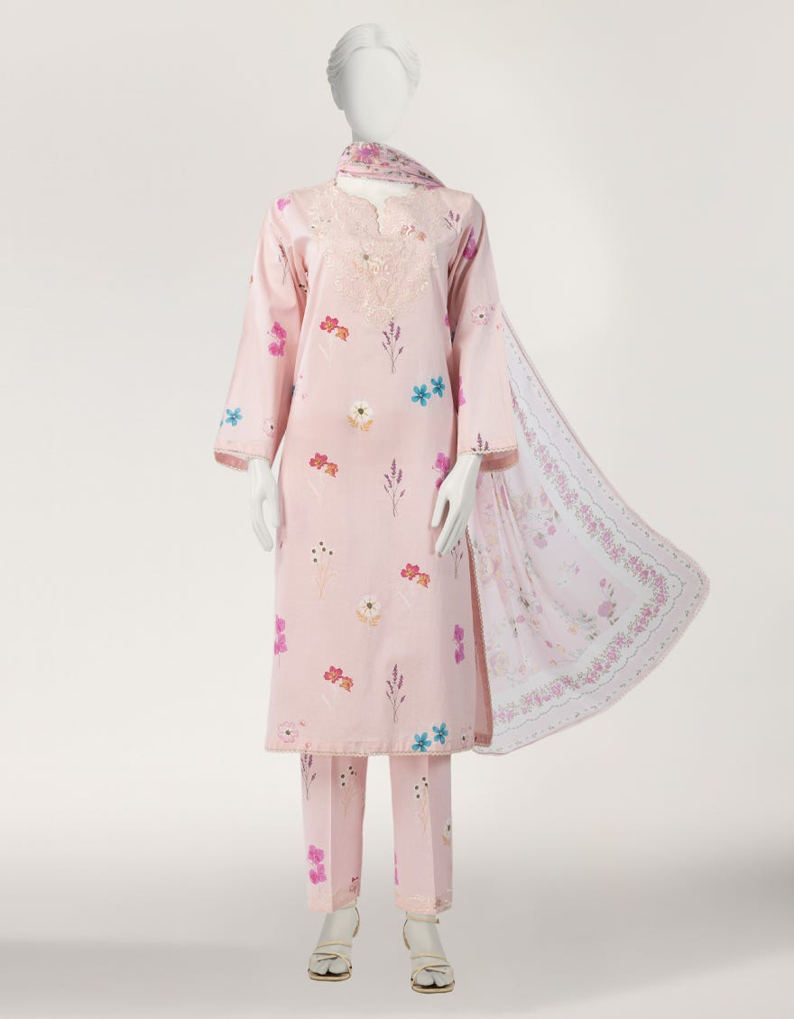 PINK LAWN EMBROIDERED STITCHED 3PC